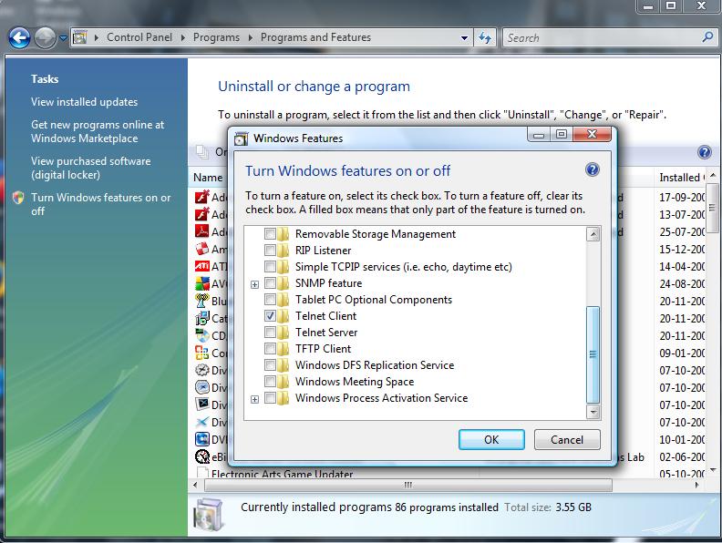 Enable Telnet Client in Windows Vista